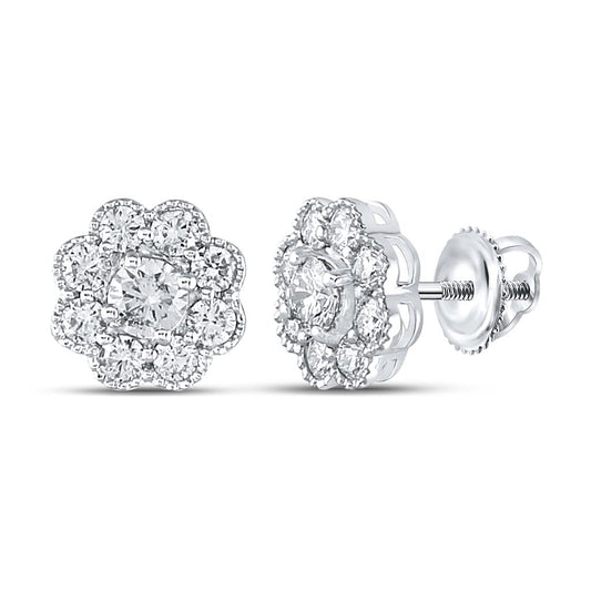 14kt White Gold Round Diamond Flower Cluster Stud Earrings 1 Cttw