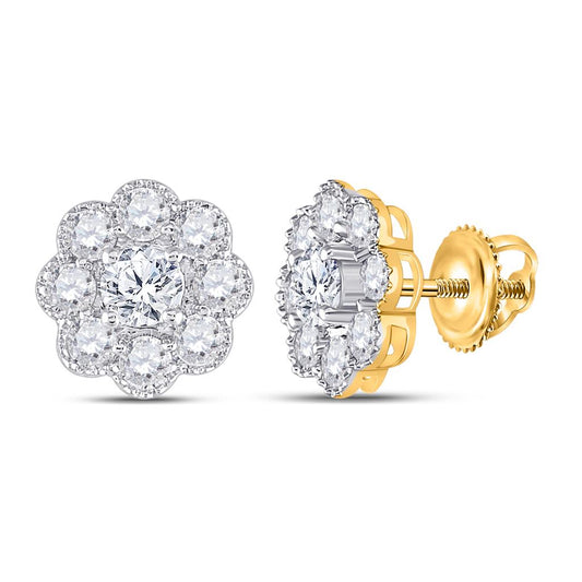 14k Yellow Gold Round Diamond Flower Cluster Earrings 2 Cttw