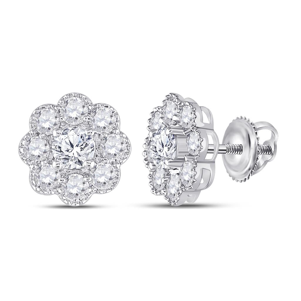14k White Gold Round Diamond Flower Cluster Earrings 2 Cttw