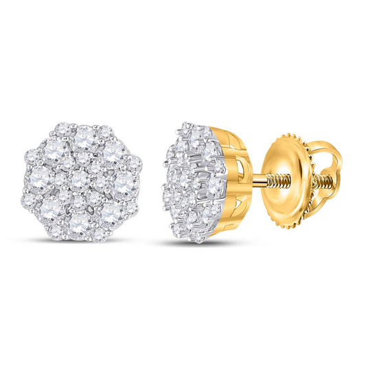 14k Yellow Gold Round Diamond Octagon Cluster Earrings 5/8 Cttw