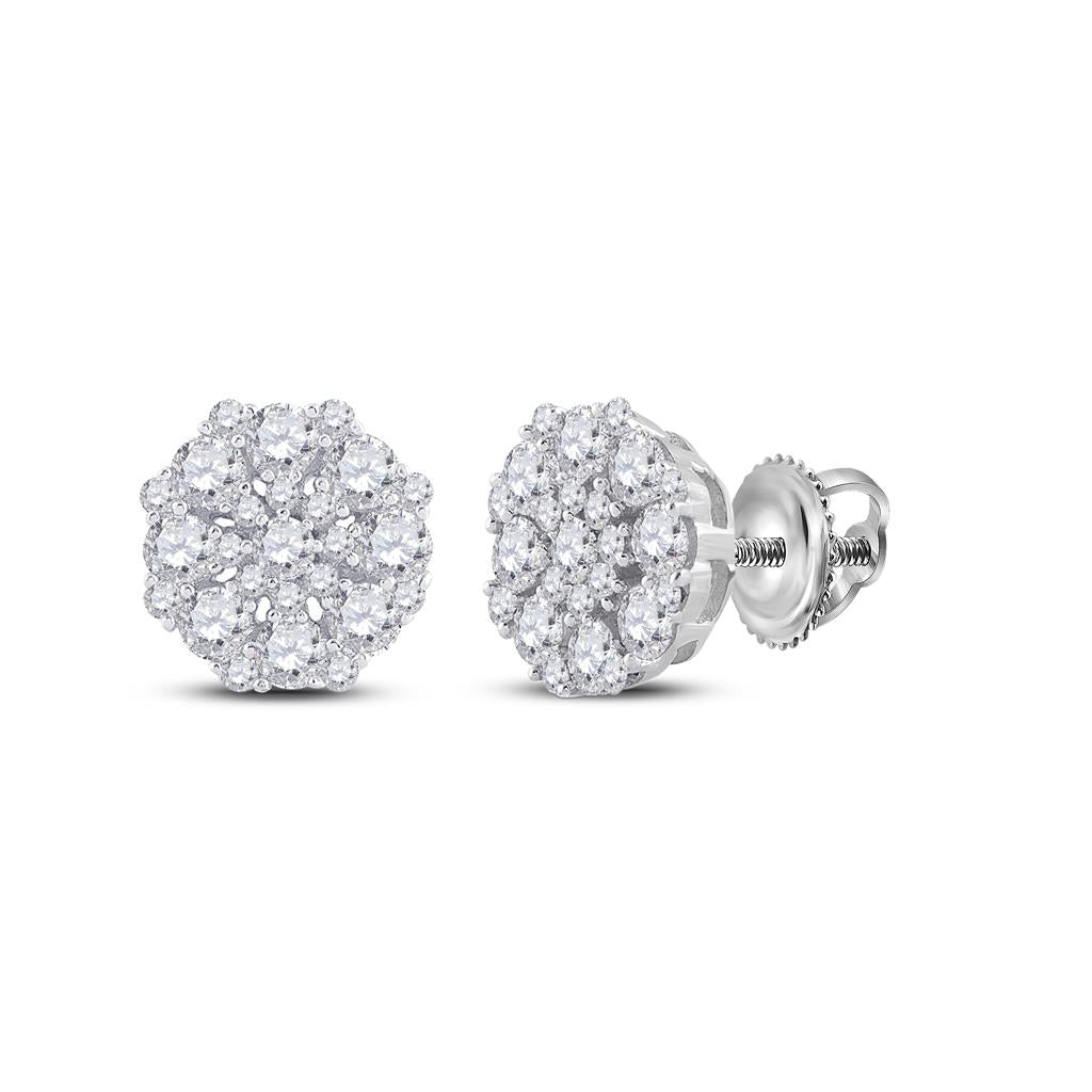 14k White Gold Round Diamond Cluster Earrings 7/8 Cttw