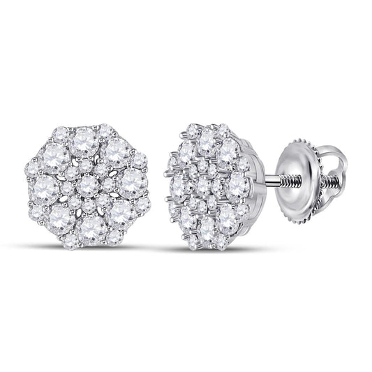 14k White Gold Round Diamond Cluster Earrings 1-1/4 Cttw