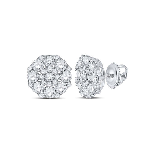 14k White Gold Round Diamond Octagon Cluster Earrings 1-1/2 Cttw