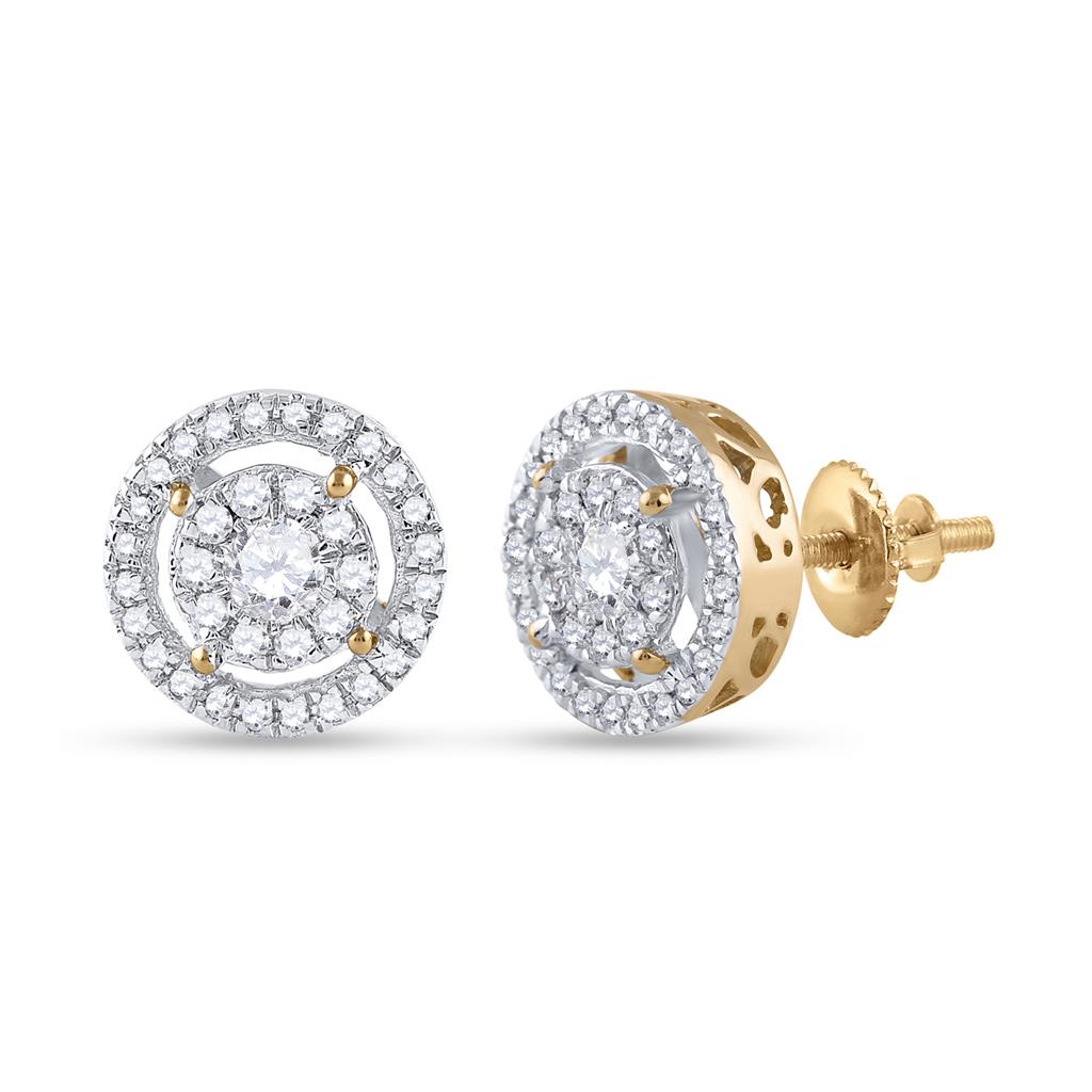 14k Yellow Gold Round Diamond Cluster Earrings 1/2 Cttw
