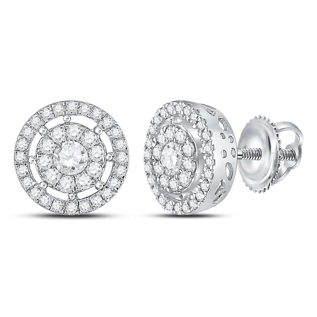14k White Gold Round Diamond Cluster Earrings 1 Cttw