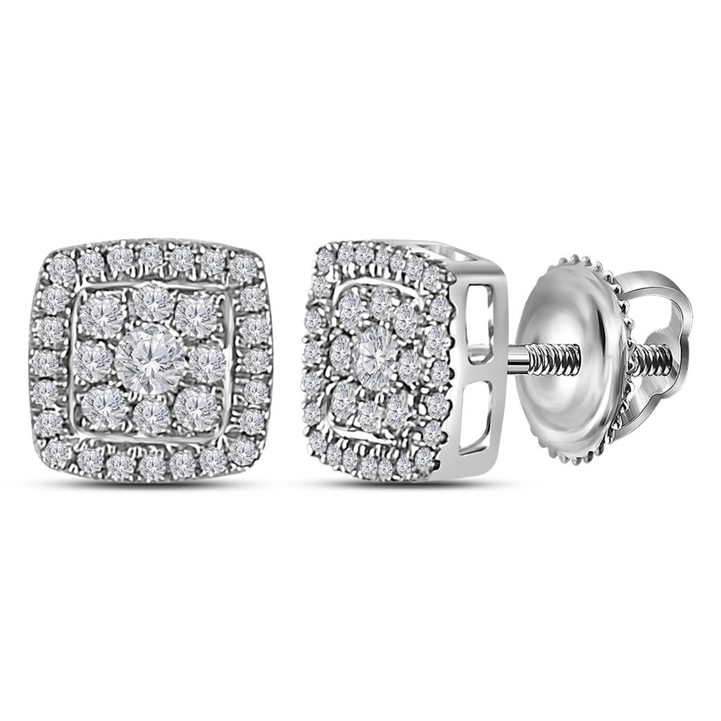 14kt White Gold Round Diamond Square Cluster Earrings 1/3 Cttw