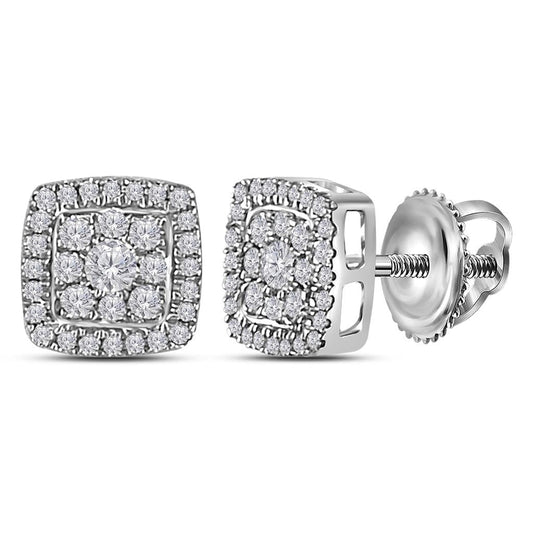 14kt White Gold Round Diamond Square Cluster Earrings 1/3 Cttw