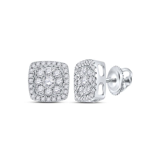 14kt White Gold Round Diamond Square Cluster Earrings 1/2 Cttw