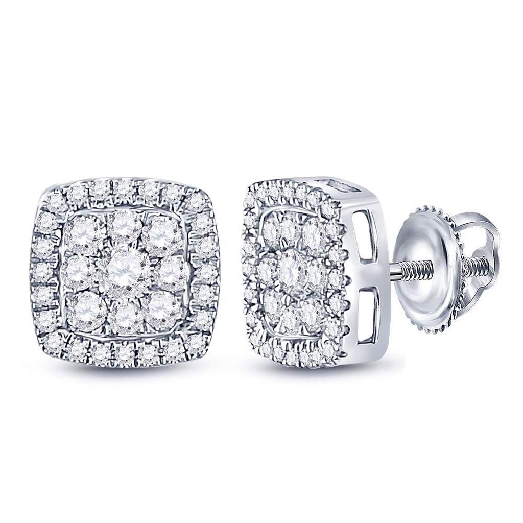 14k White Gold Round Diamond Square Cluster Earrings 3/4 Cttw