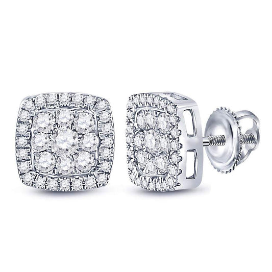 14k White Gold Round Diamond Square Cluster Earrings 3/4 Cttw