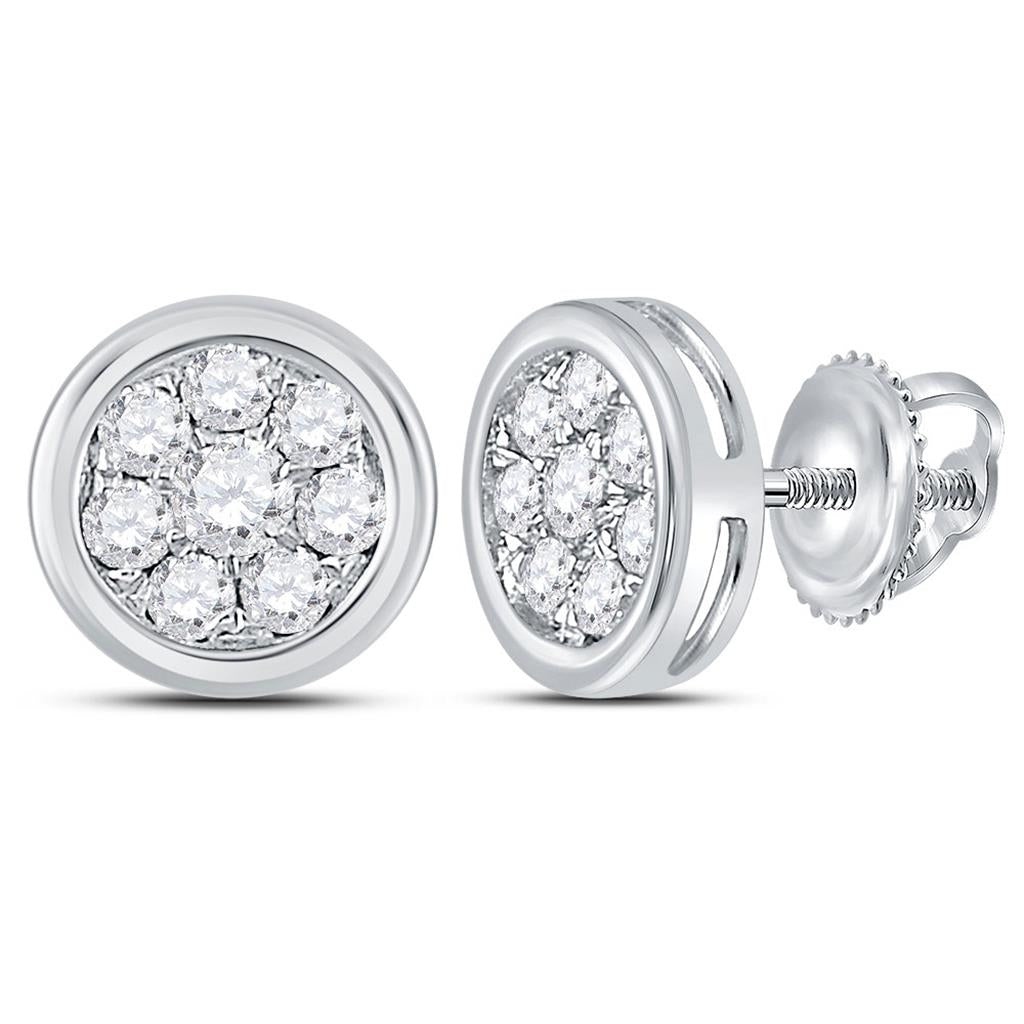 14kt White Gold Round Diamond Circle Cluster Stud Earrings 1/2 Cttw