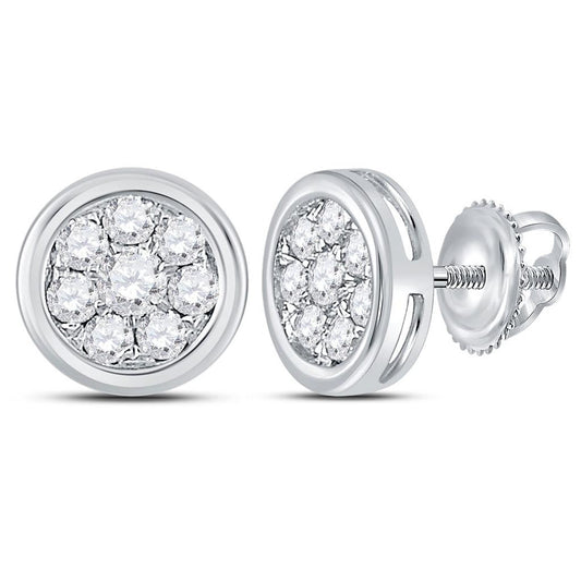 14kt White Gold Round Diamond Circle Cluster Stud Earrings 1/2 Cttw