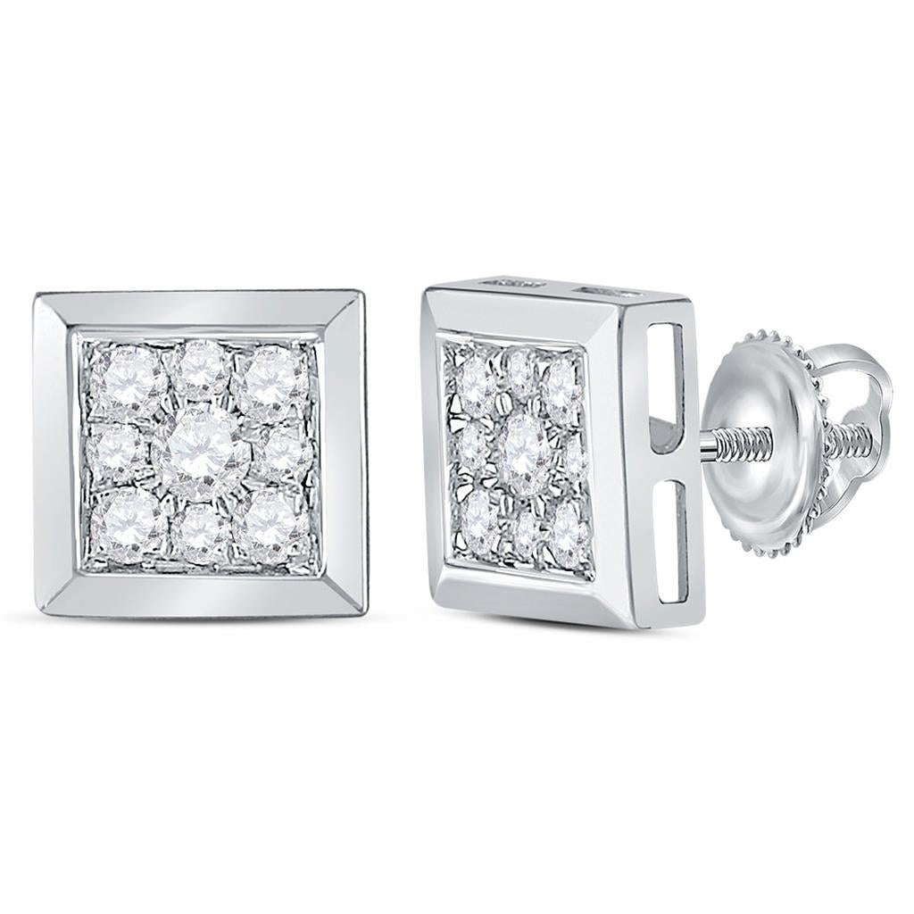 14kt White Gold Round Diamond Square Cluster Stud Earrings 1/2 Cttw