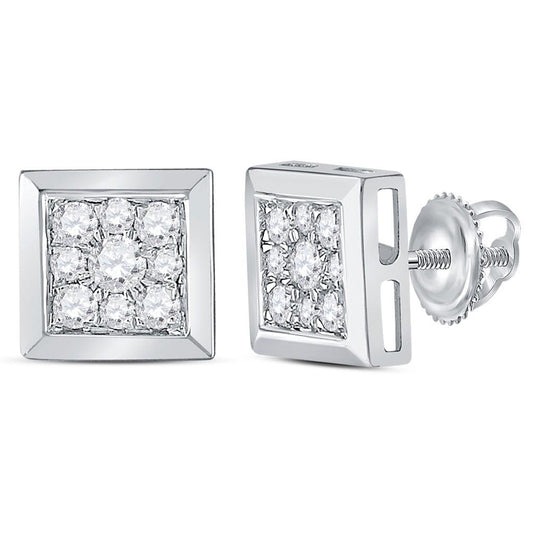 14kt White Gold Round Diamond Square Cluster Stud Earrings 1/2 Cttw
