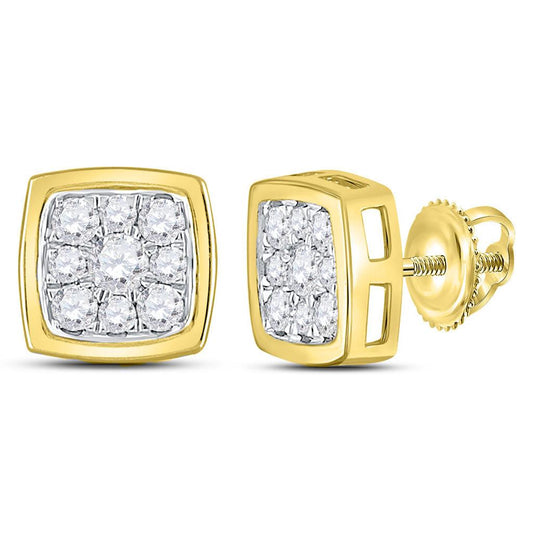 14k Yellow Gold Round Diamond Square Cluster Stud Earrings 1/2 Cttw