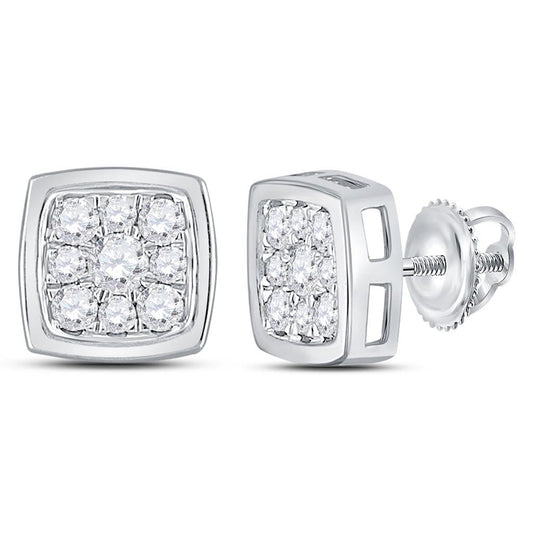 14kt White Gold Round Diamond Square Cluster Stud Earrings 1/2 Cttw