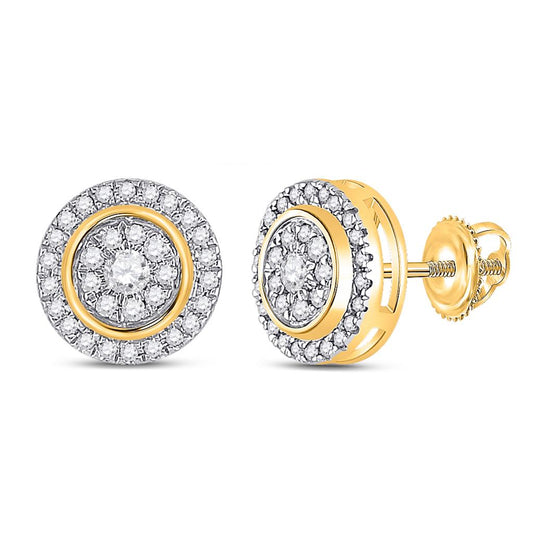 14k Yellow Gold Round Diamond Circle Cluster Earrings 1/3 Cttw