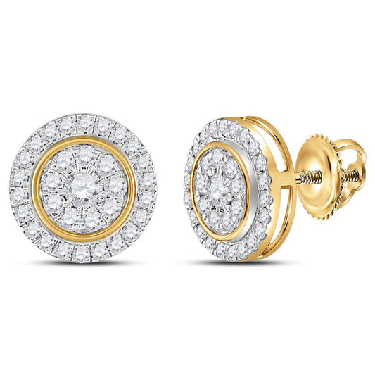 14k Yellow Gold Round Diamond Circle Cluster Earrings 1 Cttw