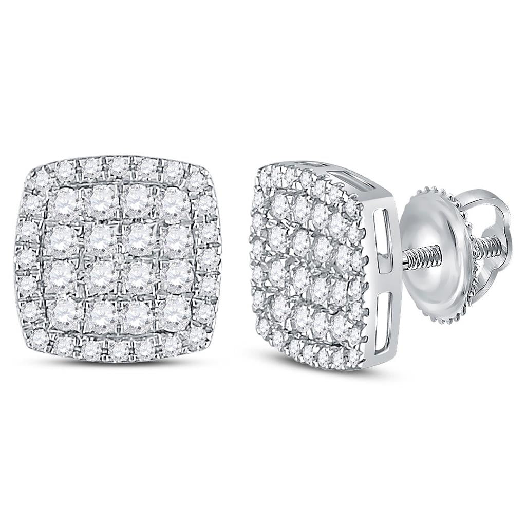 14k White Gold Round Diamond Square Cluster Earrings 3/4 Cttw