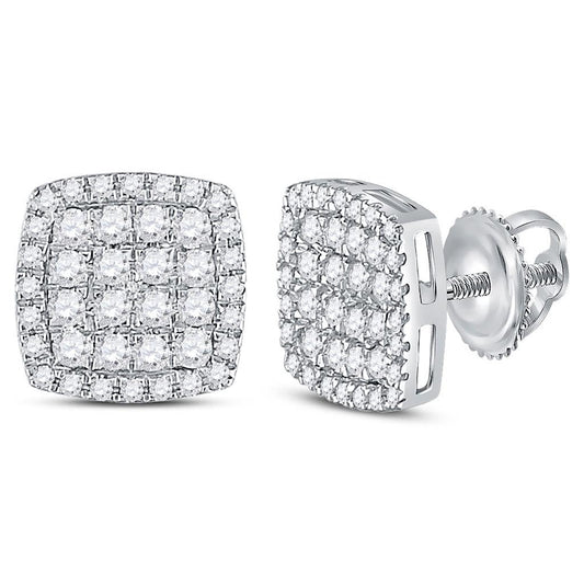 14k White Gold Round Diamond Square Cluster Earrings 3/4 Cttw