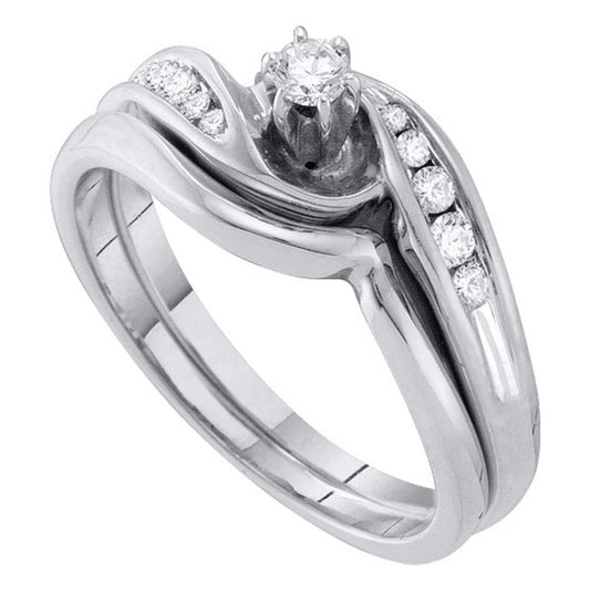 14k White Gold Round Diamond Solitaire Bridal Wedding Ring Set 1/4 Cttw