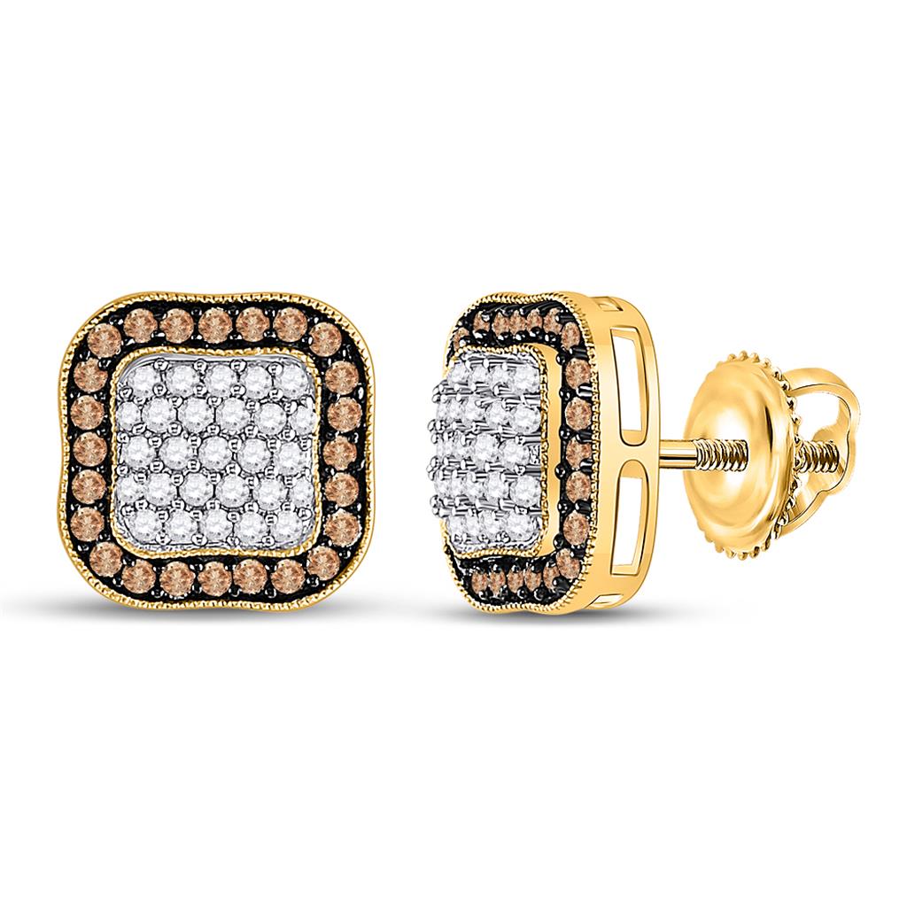 10k Yellow Gold Brown Diamond Square Cluster Earrings 1 Cttw