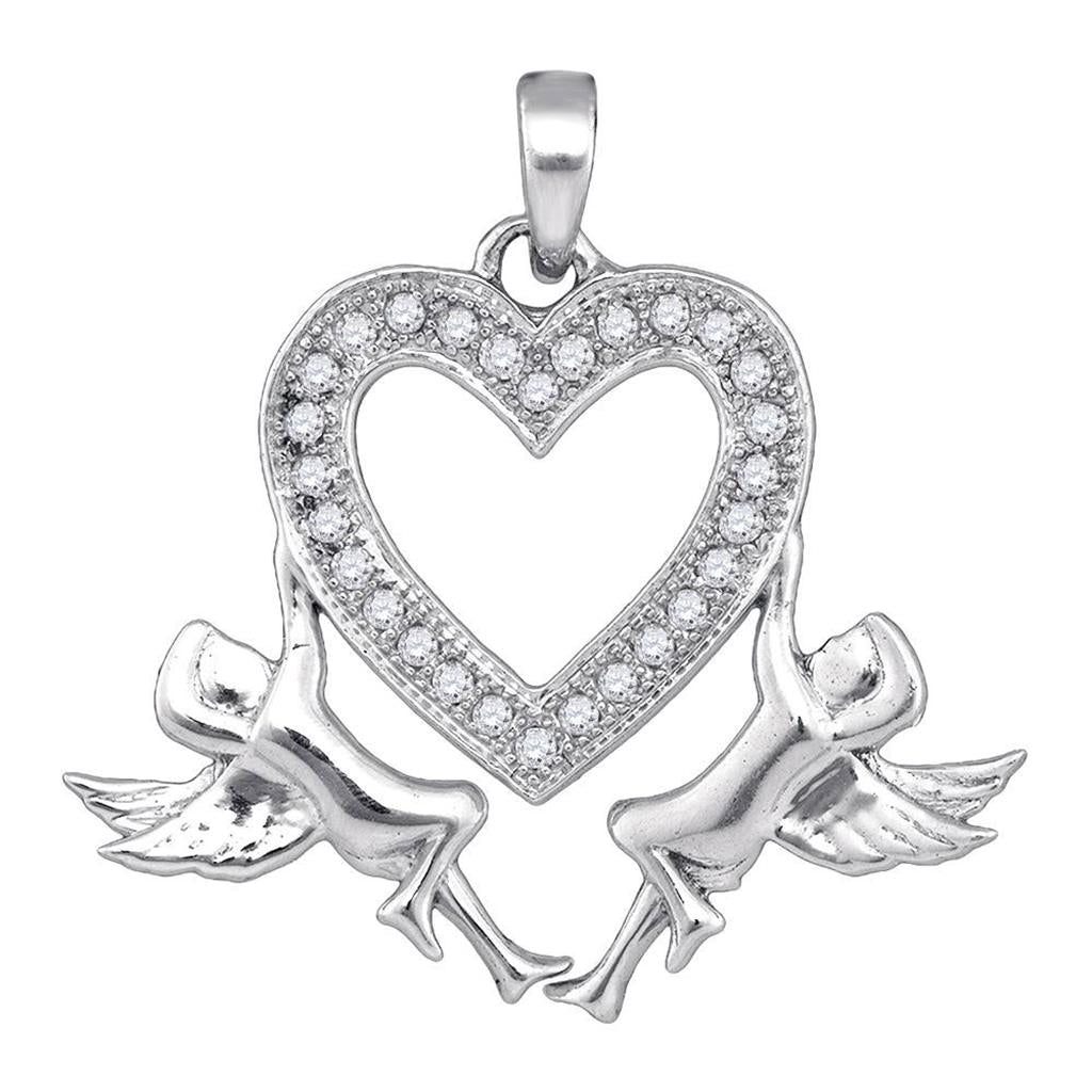 14k White Gold Round Diamond Heart Angel Cherub Pendant 1/10 Cttw