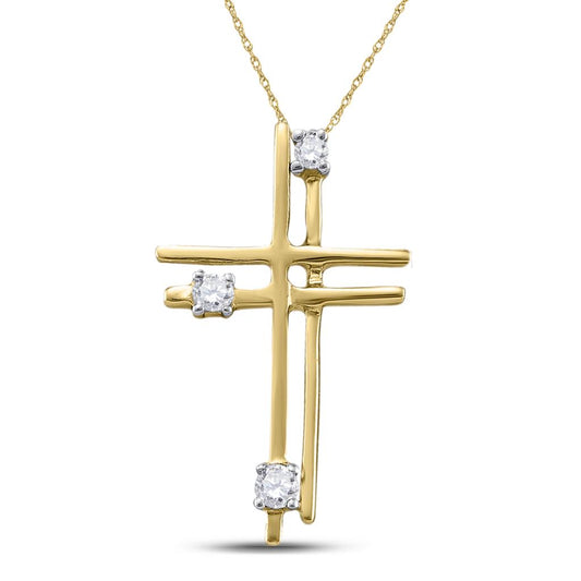 14k Yellow Gold Round Diamond Simple Layered Cross Pendant 1/20 Cttw