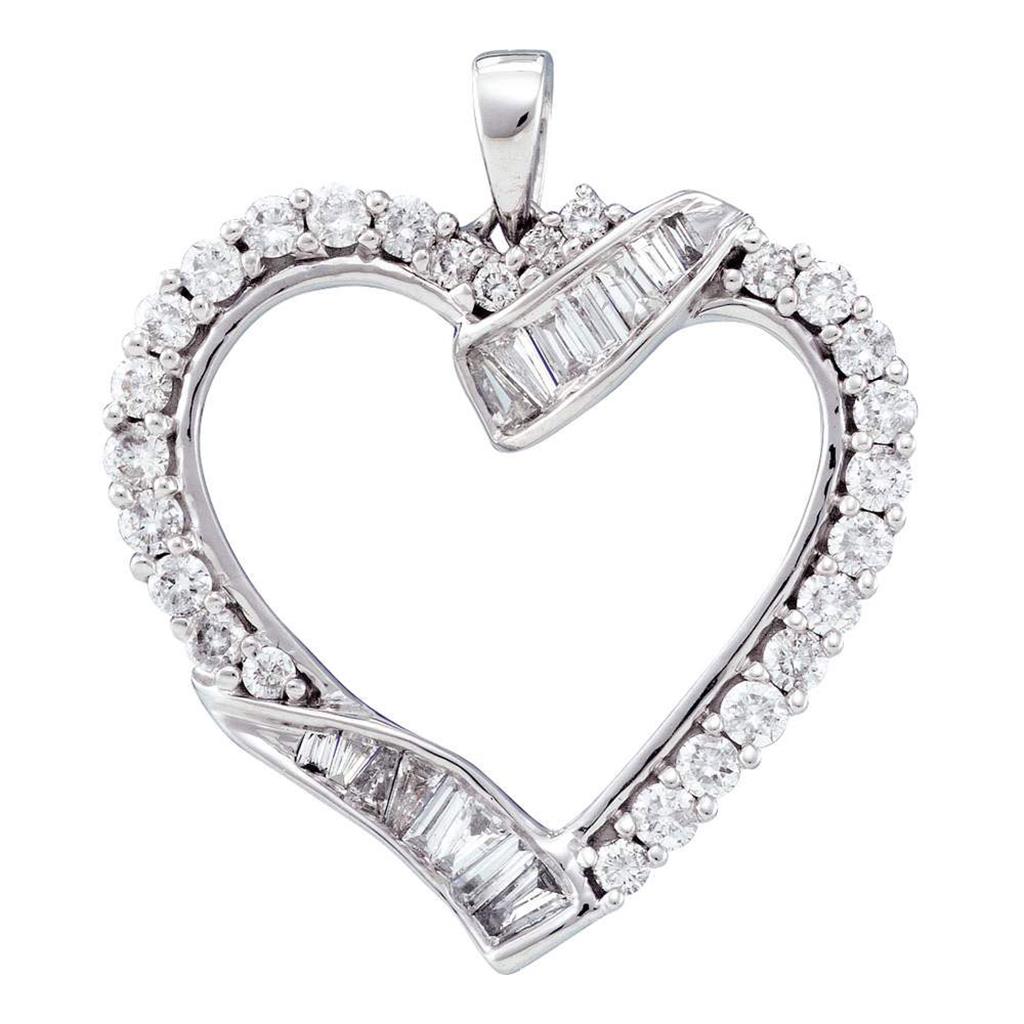 14k White Gold Round Diamond Open-Center Heart Pendant 1 Cttw