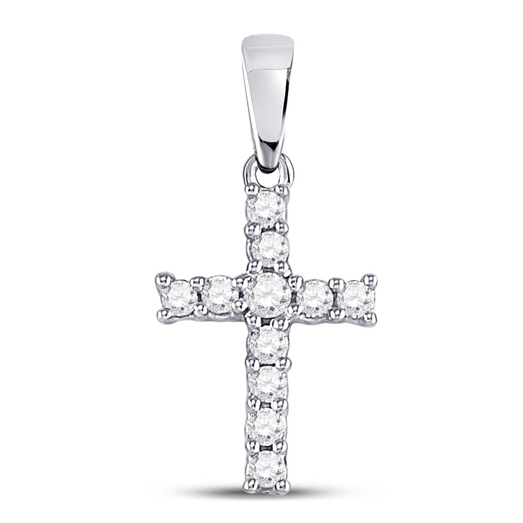 14k White Gold Round Diamond Cross Pendant 1/10 Cttw