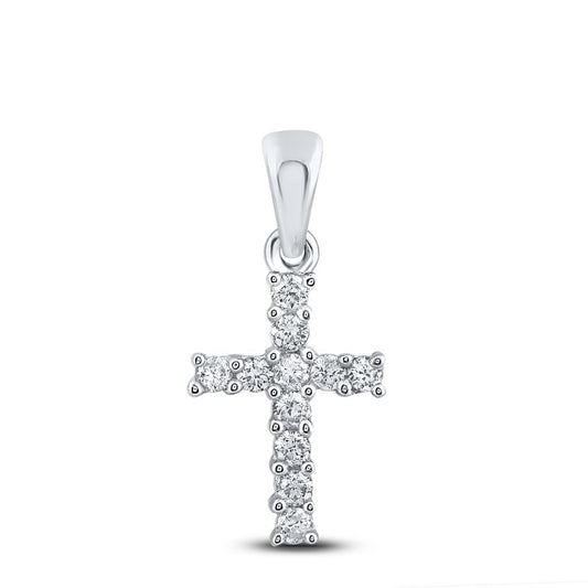 14k White Gold Round Diamond Cross Pendant 1/10 Cttw