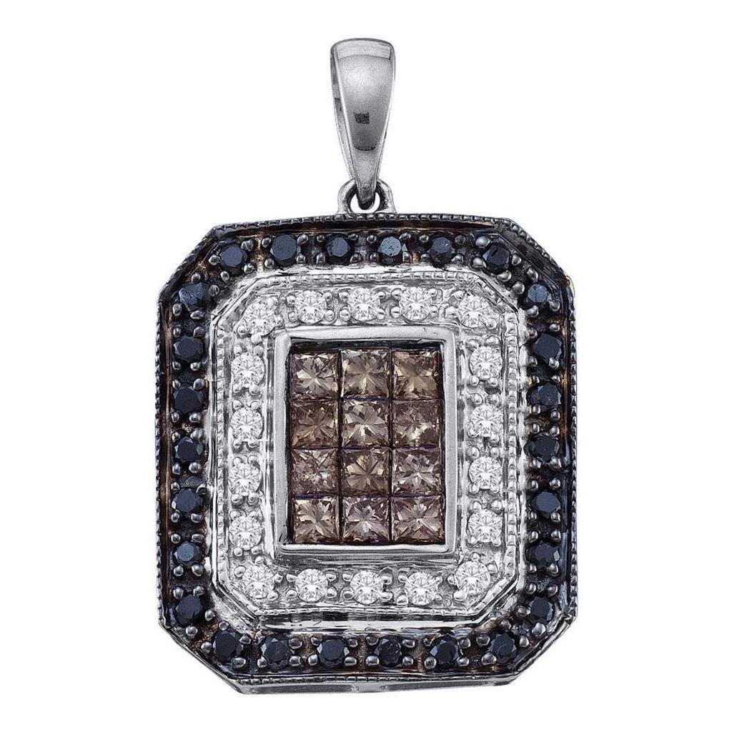 14k White Gold Black Brown Diamond Rectangle Cluster Pendant 3/4 Cttw