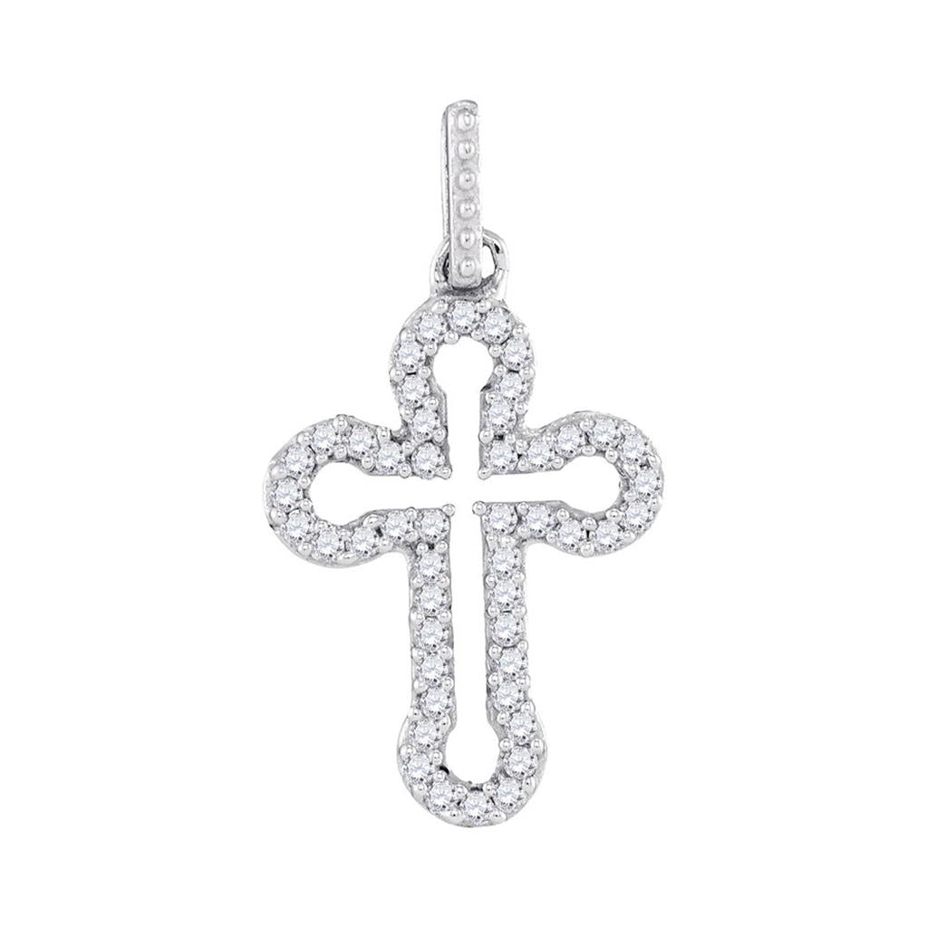 14k White Gold Round Diamond Outline Cross Pendant 1/6 Cttw