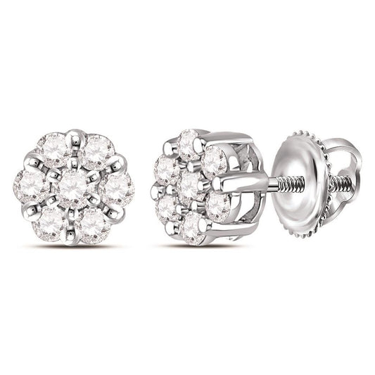 14kt White Gold Round Diamond Flower Cluster Earrings 1/4 Cttw