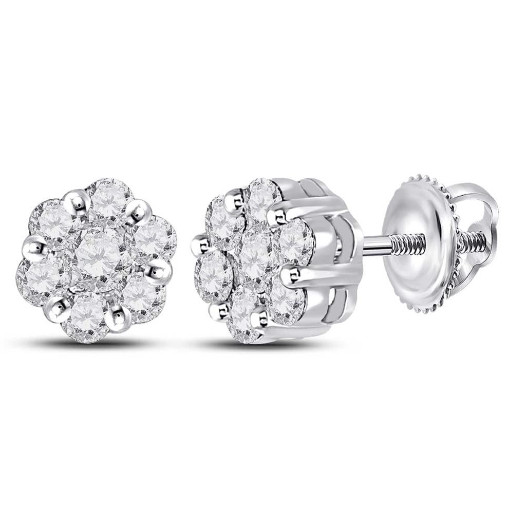 14k White Gold Round Diamond Flower Cluster Earrings 1/2 Ctw