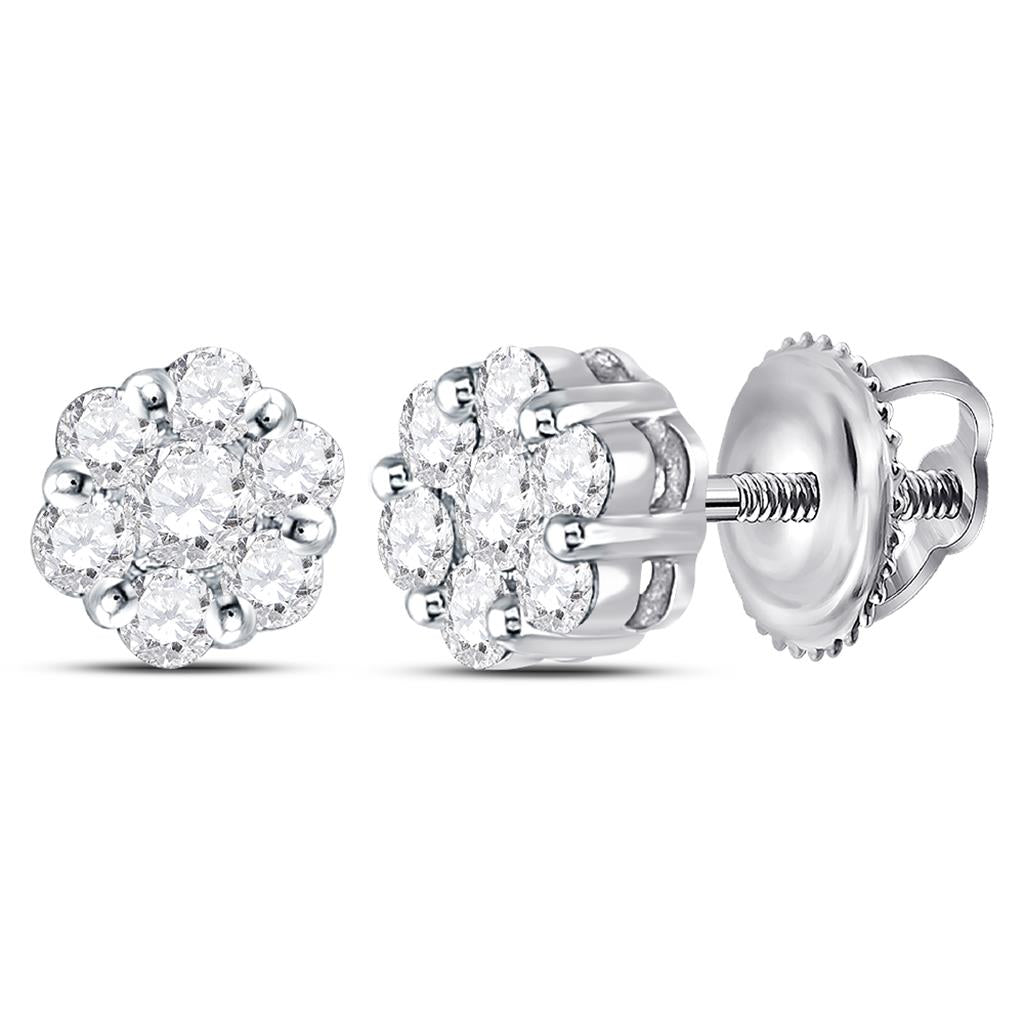 14k White Gold Round Diamond Flower Cluster Earrings 3/4 Cttw