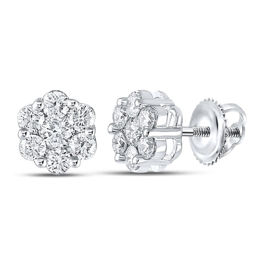 14k White Gold Round Diamond Flower Cluster Earrings 7/8 Cttw