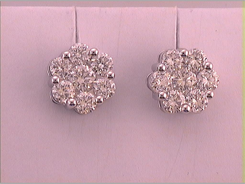 14k White Gold Round Diamond Flower Cluster Earrings 3 Cttw