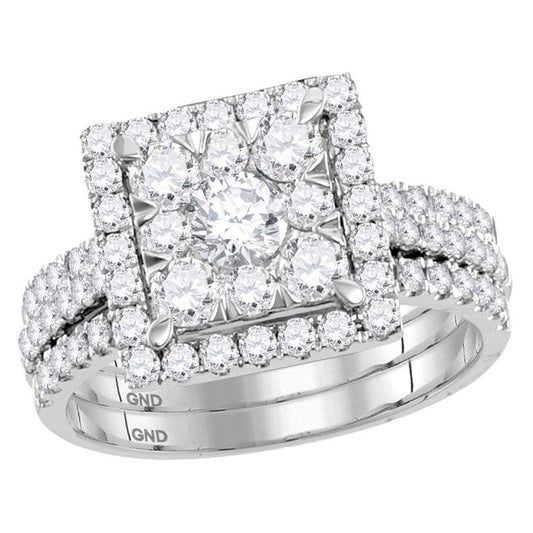 14k White Gold Round Diamond Square Bridal Wedding Ring Set 2 Cttw