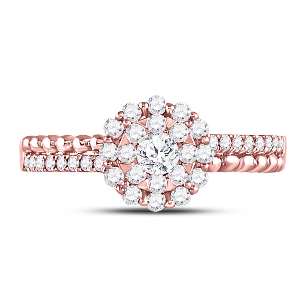 14k Rose Gold Round Diamond Solitaire Beaded Bridal Engagement Ring 1/2 Cttw