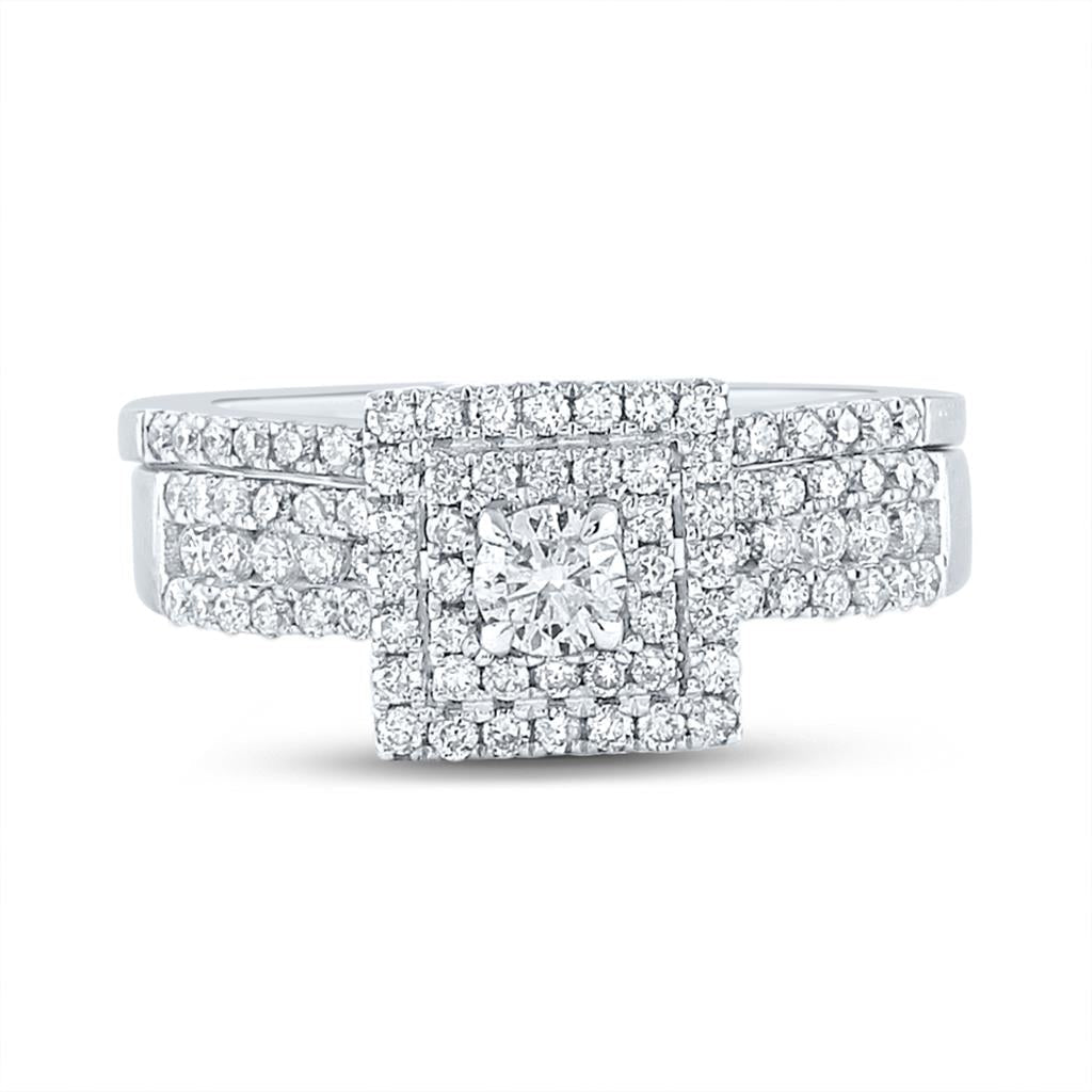 14k White Gold Round Diamond Bridal Wedding Ring Set 7/8 Cttw