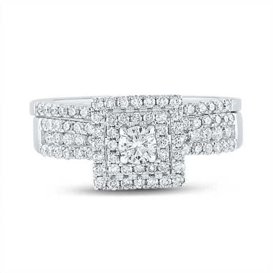 14k White Gold Round Diamond Bridal Wedding Ring Set 7/8 Cttw