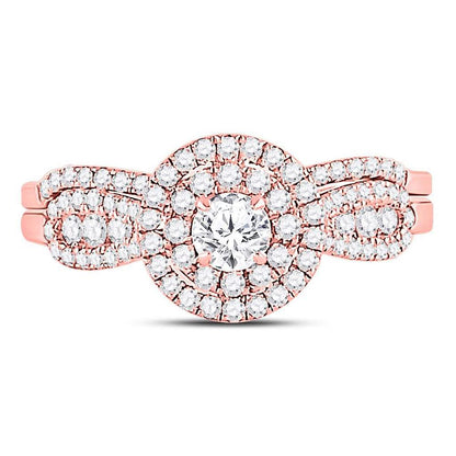 14k Rose Gold Round Diamond Halo Bridal Wedding Ring Set 3/4 Cttw