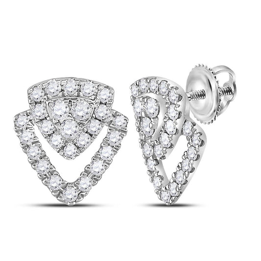 14k White Gold Round Diamond Triangular Stud Earrings 1/3 Cttw