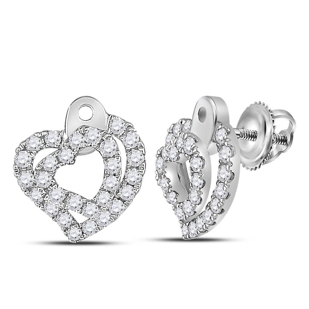 14k White Gold Round Diamond Double Heart Earrings 1/3 Cttw