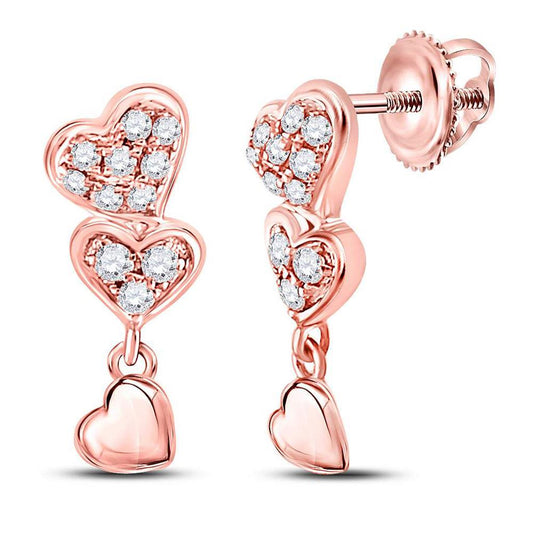 14kt Rose Gold Round Diamond Triple Heart Dangle Earrings 1/6 Cttw