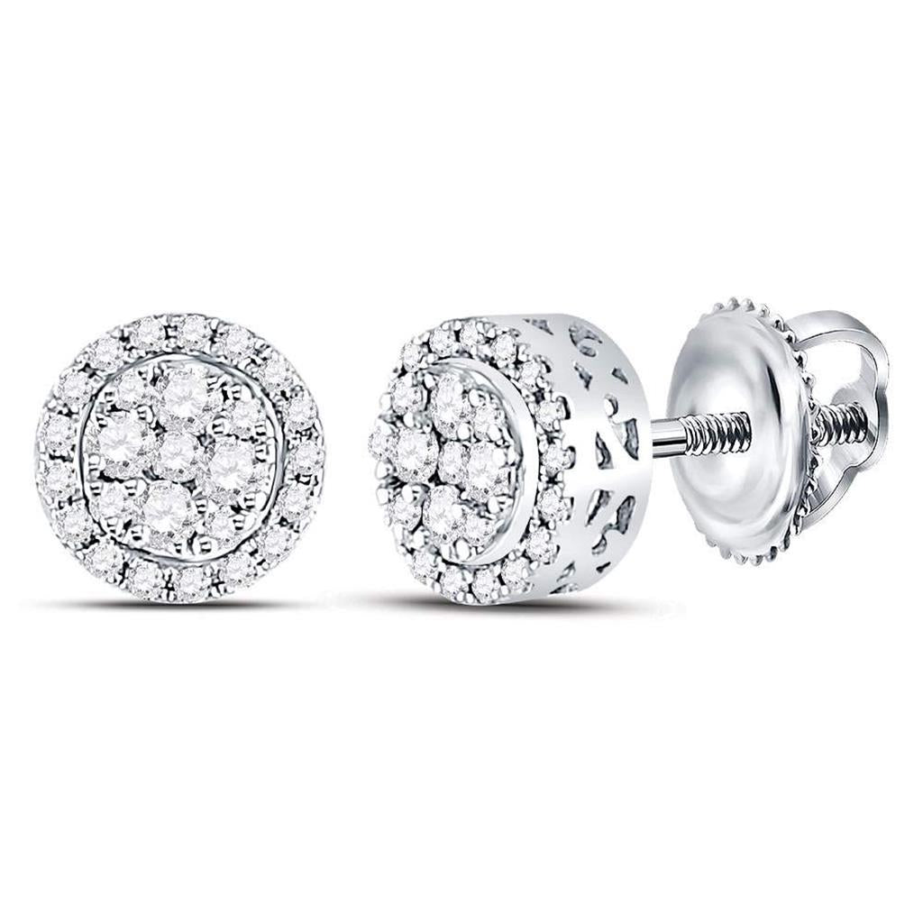 14k White Gold Round Diamond Flower Halo Cluster Earrings 1/4 Cttw