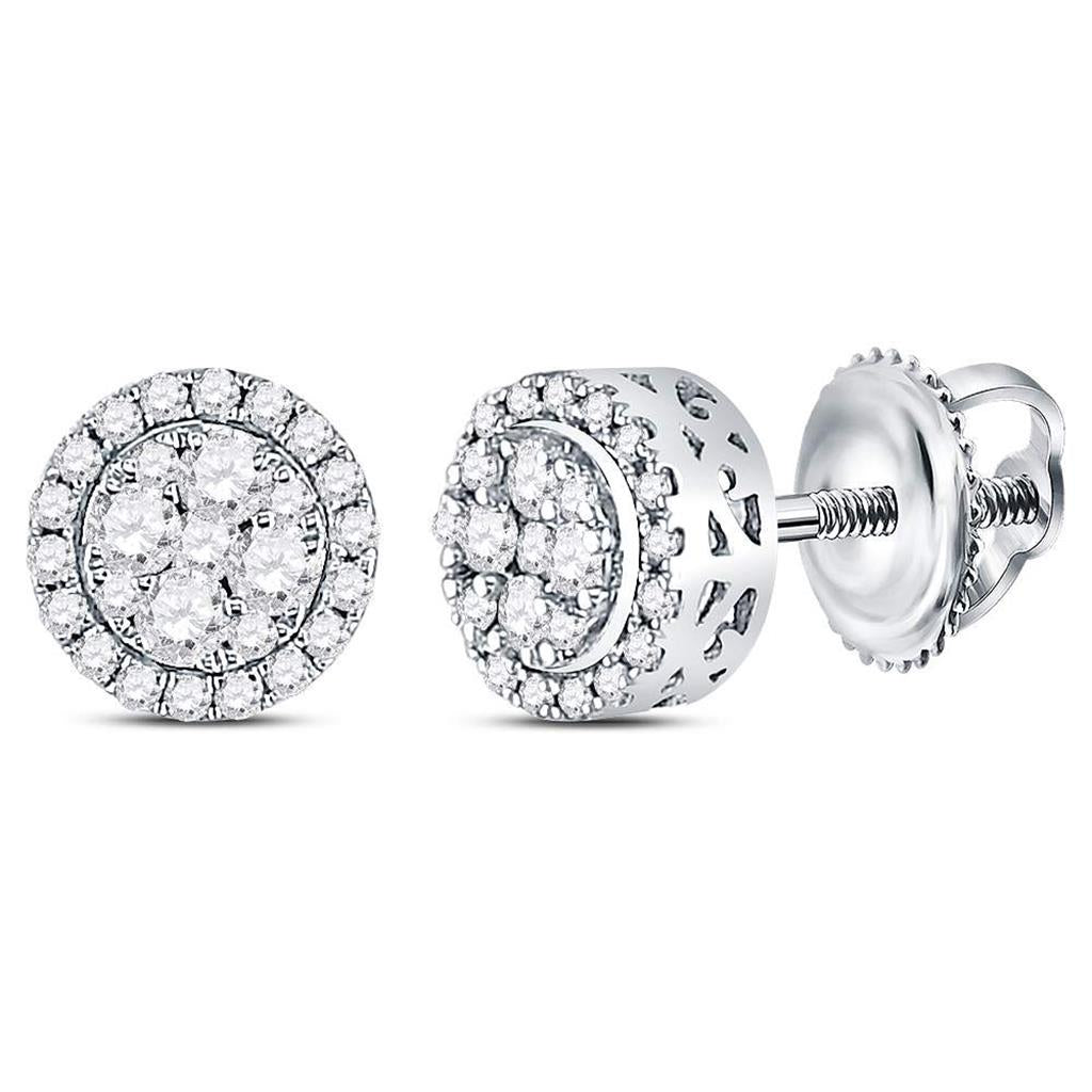 14k White Gold Round Diamond Cluster Stud Earrings 1/2 Cttw