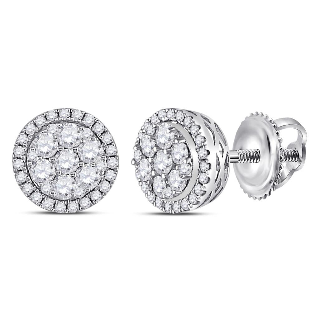 14k White Gold Round Diamond Flower Halo Cluster Earrings 1/2 Ctw