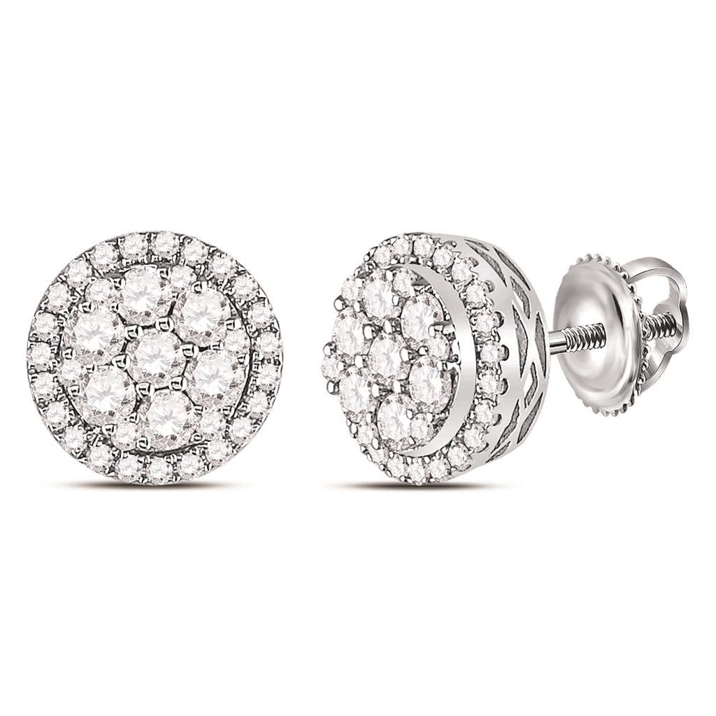 14k White Gold Round Diamond Flower Halo Cluster Earrings 7/8 Ctw